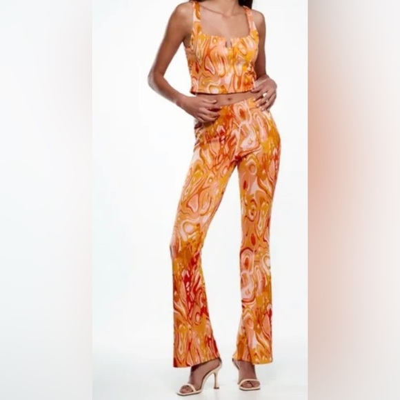 Zara Pants - *FULL SET* ZARA Orange Jacquard Top and Flared Pants; size S
